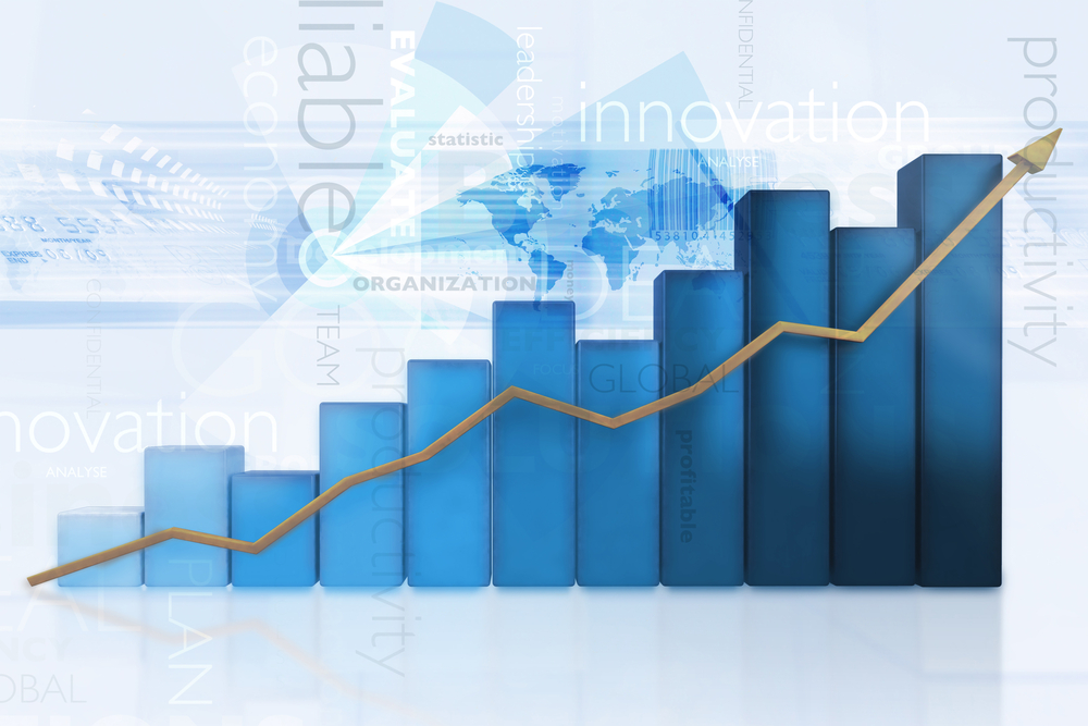 3d business chart showing growth - isolated over a blue background 3d business chart showing growth - isolated over a blue background
